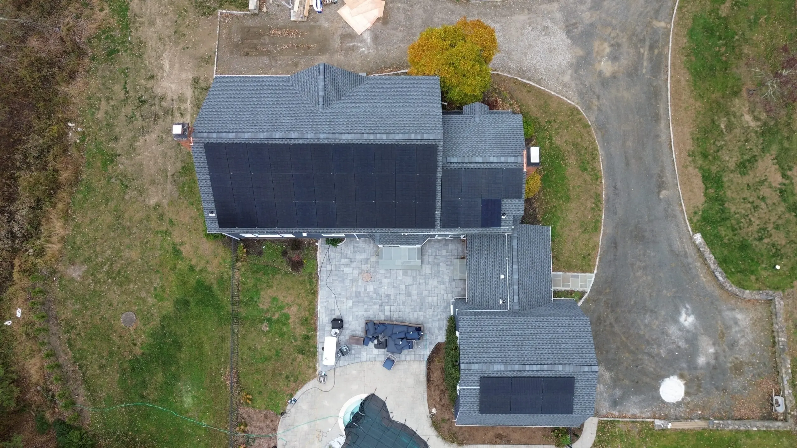 Aerial view of a custom residential solar installation by Solara Solar